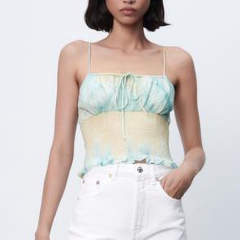 Zara Gradient Ruched White and Green Cami / Tank Crop Top Chic - Medium